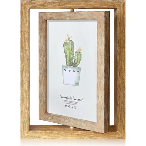 Cadre photo 10x15 Rotatif à 360° Recto-Verso, Cadre photo en bois avec plaque acrylique pour 2 photos, Cadre photo rotatif à poser, Idéal pour mariage, cadeau de famille, décoration design (1/5)