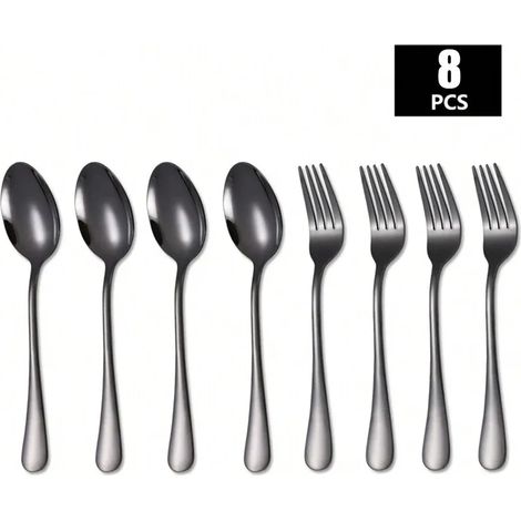(8 pièces noir) Ensemble de fourchette et cuillère en acier inoxydable, adapté aux cuisines domestiques. (1/5)