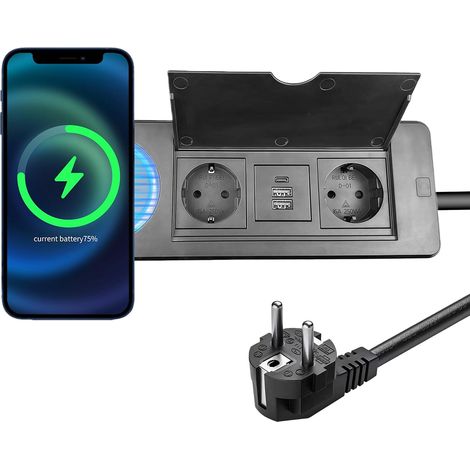 Prise USB-C PD rétractable avec charge sans fil 20 W et 15 W, 2 prises encastrées, pour table, bureau ou cuisine, noir, câble de 1,5 m (1/5)