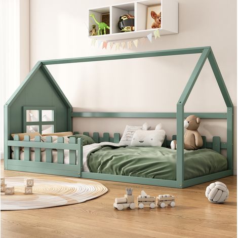 letto camera 90x200 casetta verde pino solido bambini HAVRYA (1/5)