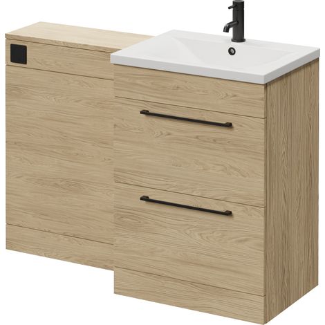 Napoli 460 Cento Light Oak 1200mm 2 Drawer Vanity Unit Toilet Suite with Glide Basin - 1200mm - Matt Black 320mm HandleWithout Kingston Toilet Pan