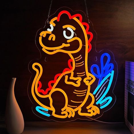 Enseigne Néon « Dinosaure » Mignonne – T-Rex de Dessin Animé, LED Dimmable Alimentée par USB pour Chambre d'Enfant, Nurserie, Salle de Jeux ou Décor Rétro (16,1 x 13,4 pouces) (1/5)