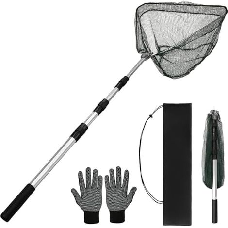 Filet de pêche télescopique pliable extensible pour oiseaux et poissons, capture et remise à l'eau, cadre en alliage d'aluminium léger et portable avec gants et sac de rangement, 55cm/130cm/190cm