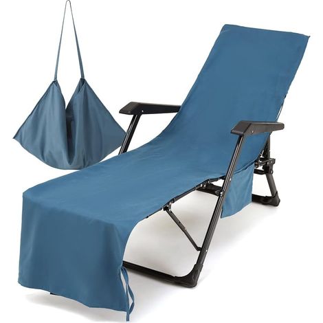 Housse de Chaise Longue de Plage - Serviette de Transat Plage en Microfibre avec Poches Latérales pour Chaise Longue Pliable et Légère de Jardin Bain de Soleil (75x215cm, Bleu foncé 1) (1/5)