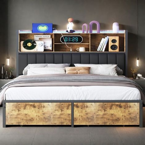 Doppelbett 160x200 cm - TANANT - Schwarzes Metall - Integrierte LED - 2 Schubladen - Gepolsterte Kopfteil