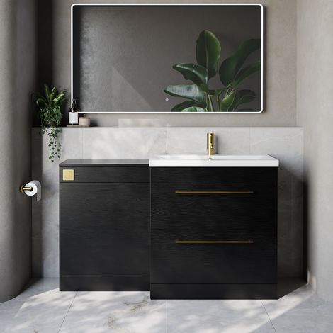 Napoli 390 Cento Nero Oak 1400mm 2 Drawer Vanity Unit Toilet Suite with Glide Basin - 1400mm - Brushed Brass 480mm HandleWithout Kingston Toilet Pan