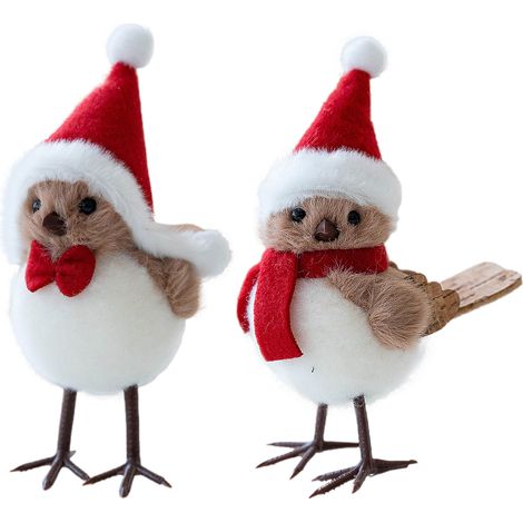 Set aus 2 dekorativen künstlichen Schaumstoffvögeln mit rotem Hut und Schal, für den Weihnachtsbaum oder als Innendekoration (Varianten A und B). (1/2)