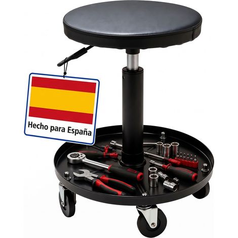 Relaxdays taburete de taller, ajustable en altura, bandeja, 5 ruedas, 42-56x38 cm, metal, negro (1/5)