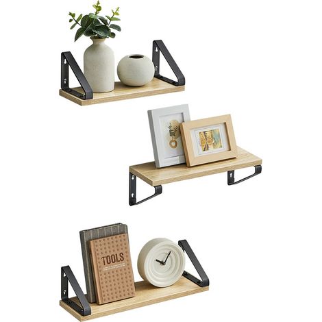 Vasagle – Étagère murale flottante – Lot de 3 – 2 méthodes de montage – Panneaux d’aggloméré et acier – Charge max 10 kg – Couleur chêne et noir