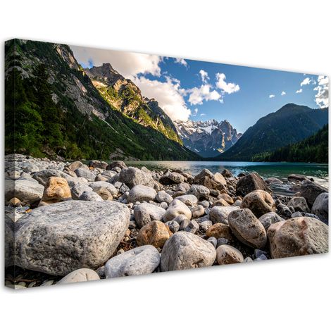 Quadro su tela, Paesaggio lago rocce montagne natura, 80x40 (1/5)
