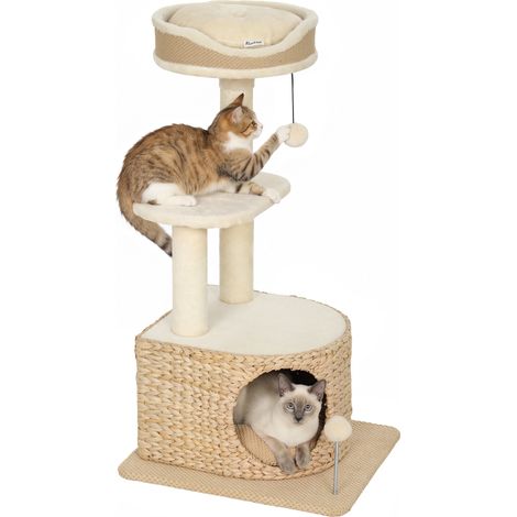 Arbre à chat - tour pour chat - PawHut - style tressé avec griffoir 4 niveaux niche en massette perchoir en jute - 87 cm - beige (1/5)