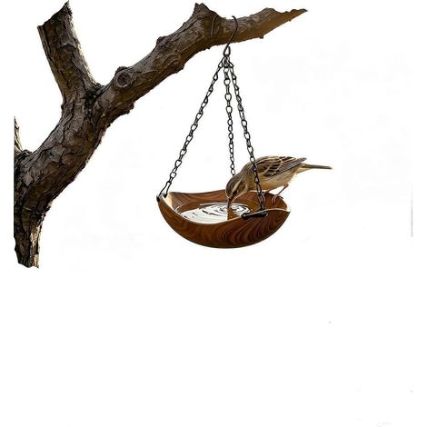 Bain et mangeoire à oiseaux suspendus 2 en 1 bol à deux niveaux extérieur imitation bois réaliste (1/5)