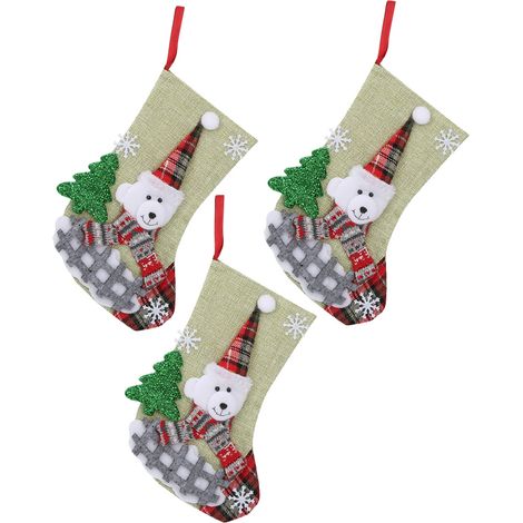Ensemble de 3 chaussettes de Noël avec sac cadeau et pendentif à suspendre pour sapin de Noël - Motif ours (1/5)