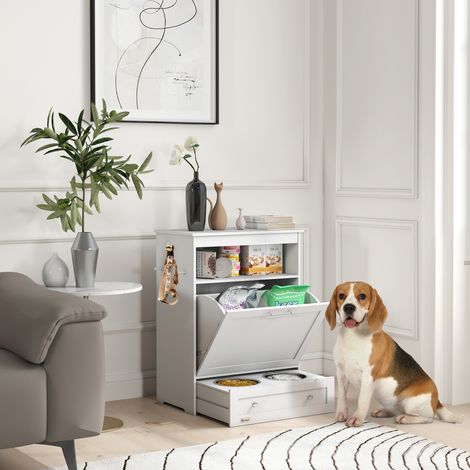 Station d'alimentation pour animaux, armoire de rangement pour accessoires pour animaux, avec gamelles, crochets pour laisses, MDF, blanc