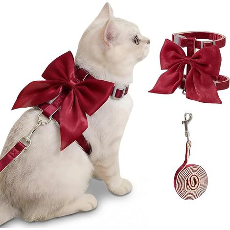 Harnais Et Laisse Chat Noeud Rouge Harnais Chat Harnai Chats Anti Evasion Convient Promenades Extérieur Chats Pesant 1-3,5 KG Rouge S (1/4)