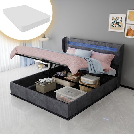 Lit Coffre LED 160x200 cm avec Matelas Inclus Gris Tête de Lit Réglable Lit Double Rembourré avec Rangement (1/5)