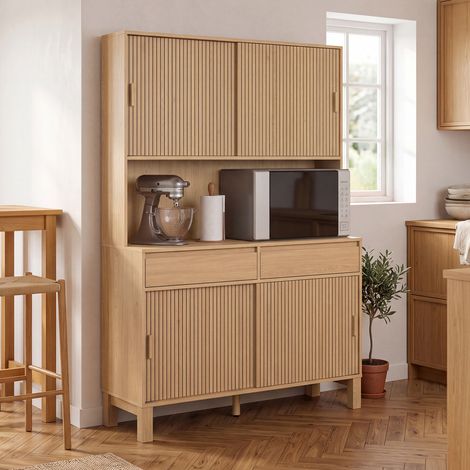 Aparador de cocina de 120 cm &lt&gt con 4 puertas correderas y 2 cajones con efecto de listones de madera (1/5)