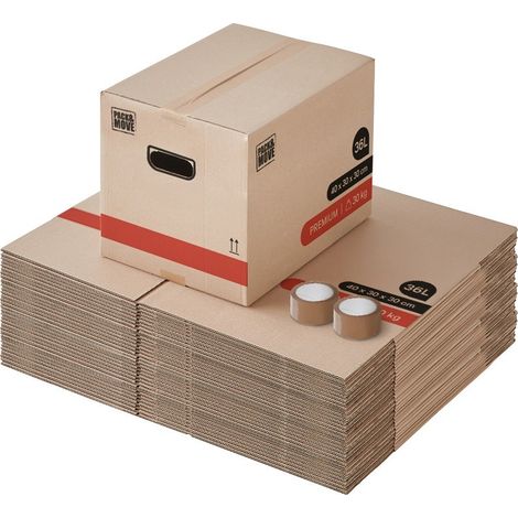 Pack and Move - Lot 40 Cartons Déménagement Livres Premium - 40 X 30 X 30 Cm - Extrême Résistance 20 KG - Poignées Renforcées - 2 Adhésifs Offerts (1/5)