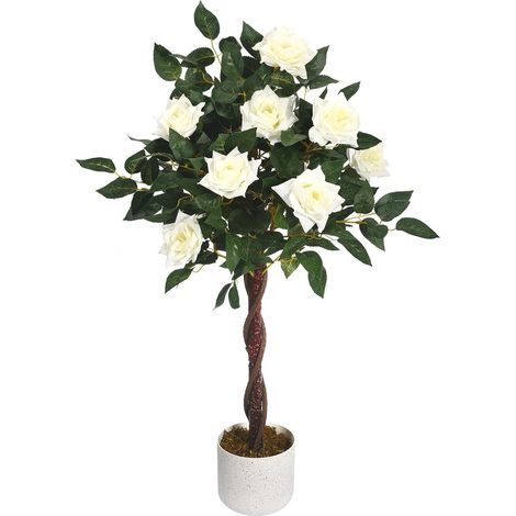 Arbre à Roses Artificiel 90 cm, Roses Blanches à Tige Écologique, Feuilles en Tissu Polyester, Plante Artificielle en Pot pour Décoration Intérieur Extérieur Maison Jardin Balcon (1/3)