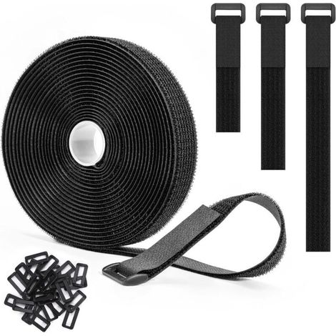 ALLIANDISAttaches de câble réglables, 5 mètres x 2,5 centimètres, avec 25 boucles, réutilisables, noires, sangle Velcro, noires. (1/4)
