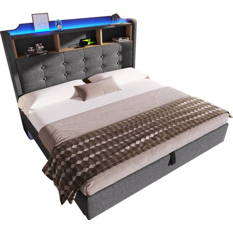 Lit coffre 140 x 200 cm avec LED multicolore, ports USB et Type-C, rangement hydraulique, tête de lit à abattant, design flottant gris en tissu, CHICFURN (1/5)