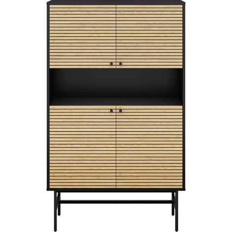 Buffet Haut Scandinave Noir et Bois de Chêne Véritable avec 4 Portes et Compartiment Ouvert - PANGIVO (1/4)