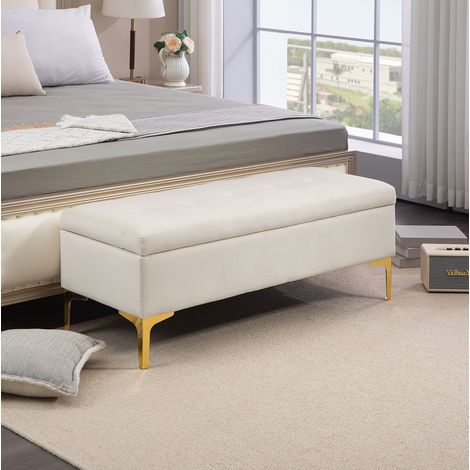 Banco arcón tapizado 120 x 44 x 44,5 cm de poliéster beige con patas de metal dorado DESVIAE (1/5)