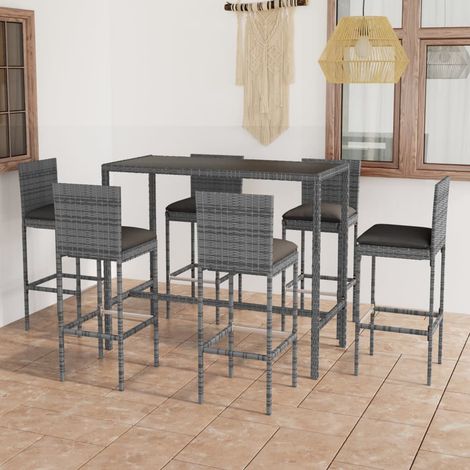 Set 1 Table de bar + 6 chaises de bar/Tabourets,Ensemble de bar de jardin et coussins Résine tressée Gris -BV77587 (1/5)