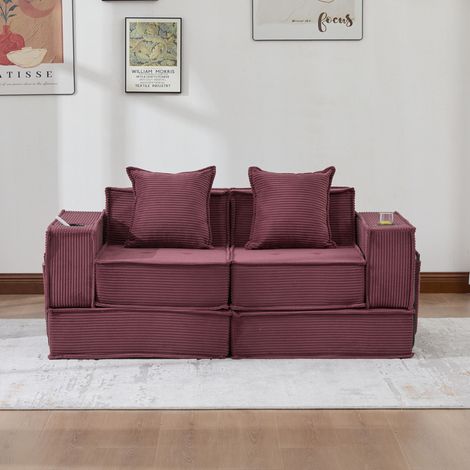 Canapé 2 places aus Cordstoff weinrot 162x78x66 cm mit 2 Kissen und Seitentaschen (1/5)