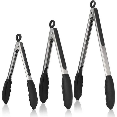 Ensemble de 3 pinces de cuisine en acier inoxydable avec anneau de suspension, couleur noire, en trois tailles, lavable au lave-vaisselle, pour barbecue, viande et salades. (1/5)