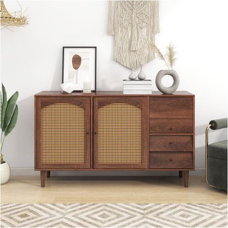 Buffet bahut en rotin 130 cm – 3 portes et 2 tiroirs irréguliers – Panneau mélaminé et pieds en bois massif – Dimensions 130 x 75,5 x 40 cm