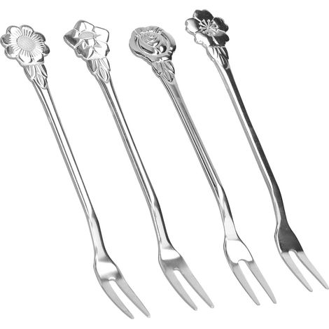 Lot de 4 fourchettes à fruits à 2 dents en acier inoxydable, mini fourchettes de dégustation pour salades, fruits et desserts, pour la maison, la cuisine et les fêtes (argenté). (1/5)
