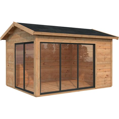 Abri de jardin en bois 11,2 m² – Structure en bois massif 44 mm – Porte coulissante aluminium vitrée – Idéal comme bureau ou atelier – Palmako (1/5)