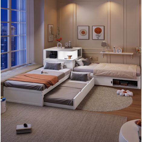 Cama nido 90/200 cm blanca con almacenaje de puertas correderas y luz LED (1/5)