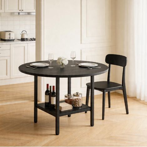 Table à manger ronde moderne 100 cm avec rangement, MDF et métal, noire, pour 4–6 personnes (1/5)