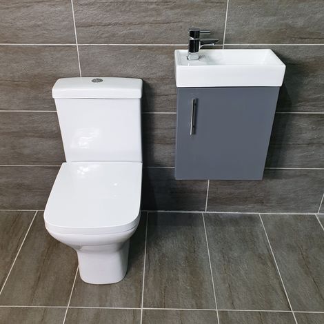 Nuie Vault 400mm Wall Hung Vanity Unit Grey Gloss With Toilet Cloakroom Suite, Without Tap (1/5)