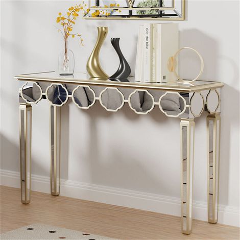 Mesa Consola de Espejo Cristal Entrada: Mesa Auxiliar de Vidrio Plateado Moderno Ovalado para Salón Pasillo Recibidor, 120 x 35 x 76 cm (1/2)