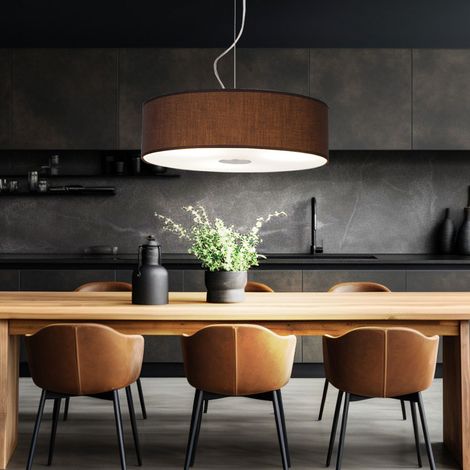 Hängeleuchte Wohnzimmerlampe hängend rund 1 flammig Pendelleuchte Stoffschirm Modern, Stahl gebürstet, Glas satiniert, 1x E27, DxH 45x175 cm (1/5)