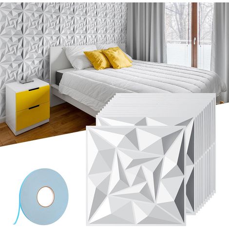 Pannello murale 3D da dipingere - confezione da 1,08 m² - lotto di 12 pezzi -  0,3x0,3 m - Bianco - Con nastro biadesivo