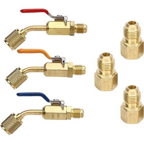 Lot de 6 vannes à bille coudées compactes pour réfrigérant, compatibles avec les tuyaux de charge des systèmes de climatisation et de réfrigération R410A, R134A, R12, R22 et R502. (1/5)