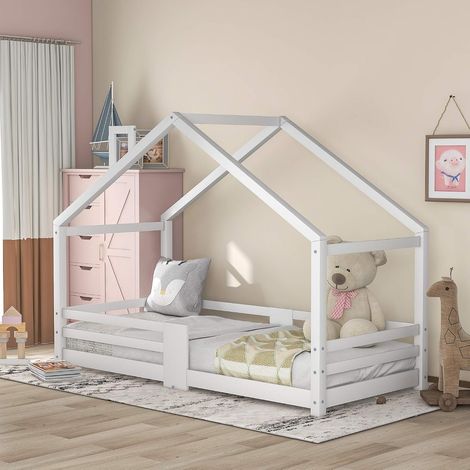 Letto singolo per bambini - 90 x 200 cm - Letti per bambini in legno - Con sponda laterale - Protezione anticaduta - Legno di pino - Grigio (senza materasso) (bianco B) (1/5)