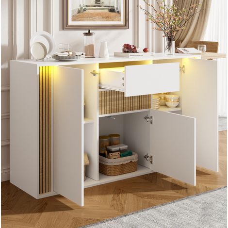 Credenza 140 x 40 x 82 cm, 3 ante, 1 cassetto, LED regolabile, bianco e legno naturale DESVIAE (1/5)