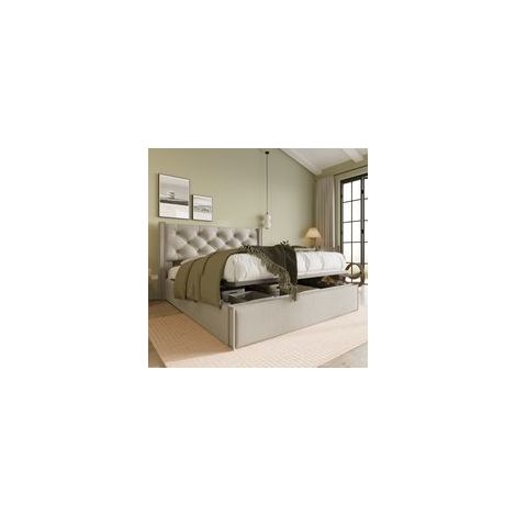 Lit coffre 140x200 cm Tête de lit capitonnée Sommier à lattes en métal Rangement sous le lit Couleur gris clair (1/5)