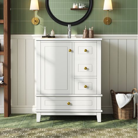 Mobile sotto lavabo 61 cm bianco lucido con 3 cassetti, porta laterale e lavabo in ceramica OKWISH (1/5)