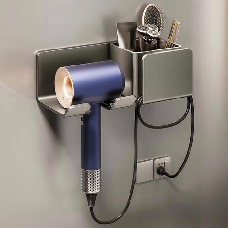 Supporto da parete per asciugacapelli - Supporto autoadesivo in metallo per bagno - Compatibile con asciugacapelli Dyson (nero)