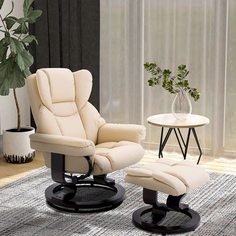 Fauteuil inclinable pivotant TV avec repose-pieds, similicuir crème, pour salon ou chambre, assise relaxante réglable