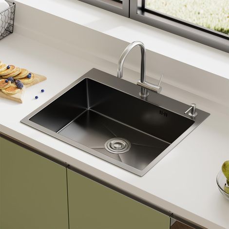 STANEW Fregadero Cocina un Seno 50x45cm, Acero Inoxidable, Instalación Superior o Inferior, Dosificador de Jabón, Filtro Desagüe(Gris Metalizado)