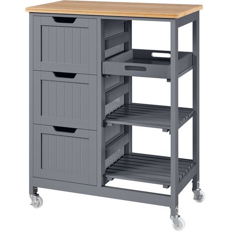 Yaheetech – Desserte de cuisine à roulettes avec 3 tiroirs et étagères – Plan de travail en bambou 67×37×84,5cm – Couleur gris foncé – Capacité 30kg