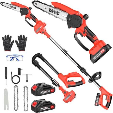 2 in 1 Cordless Pole Pruner, Telescopic Pruner, 180 cm Electric Chainsaw 6 Inch with 2 x 1500 mAh Batteries, 2 Chains, Glove, Glasses, for Garden, Branches, Wood (1/5)