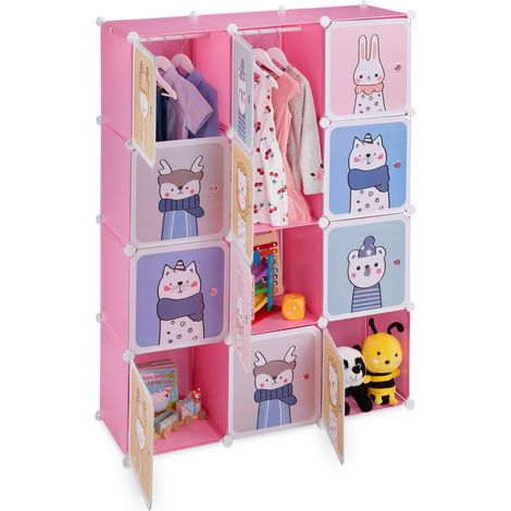 Armoire Chambre d'enfant, modulable, 2 Tringle à vêtements, DIY, étagère Animaux, 145x110x37 cm, Rose (1/5)
